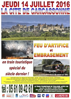 Affiche Train Historique Toulouse pour Carcassonne, feu d'artifice et