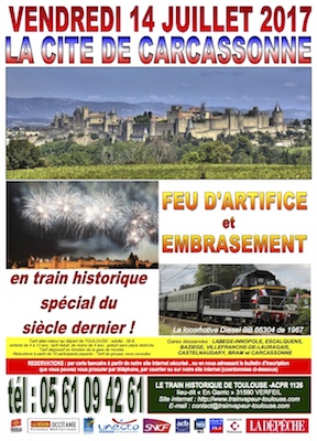 Affiche Train Historique Toulouse pour la Cité de Carcassonne et feu d'artifice