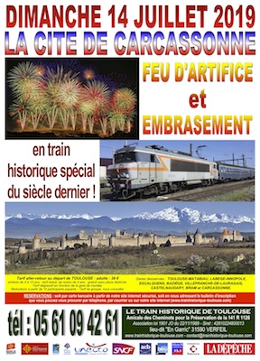 Affiche Train Historique Toulouse vers la Cité de Carcassonne, feu d’artifice