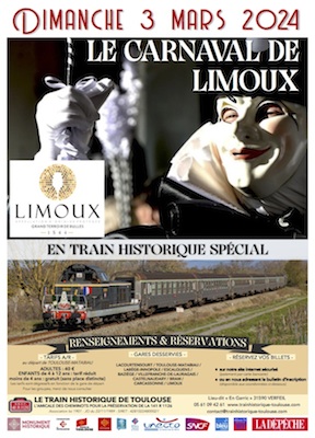 Affiche Carnaval de Limoux 3 mars 2024, Train Historique Toulouse spécial