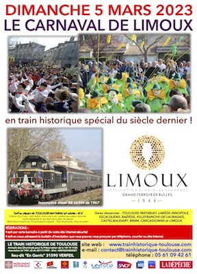 Affiche Carnaval de Limoux avec Train Historique Toulouse spécial du siècle
