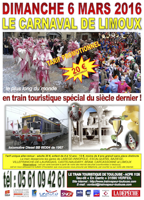 Affiche Carnaval de Limoux 6 mars 2016, train touristique spécial 20 €
