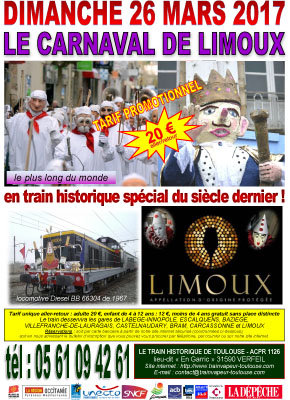 Affiche Le Carnaval de Limoux 26 mars 2017 en train historique spécial du