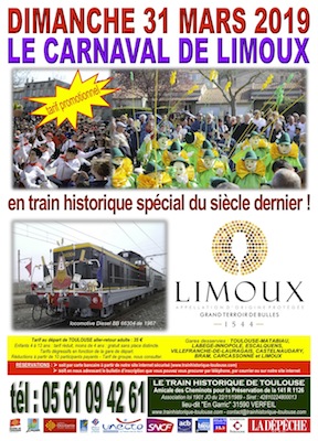 Affiche Train Historique Toulouse pour le carnaval de Limoux 31 mars 2019
