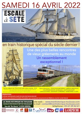 Affiche Train Historique Toulouse vers Sète avec voilier et train ancien