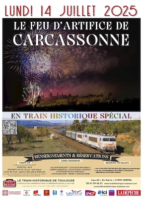 Affiche feu d’artifice de Carcassonne en Train Historique Toulouse spécial